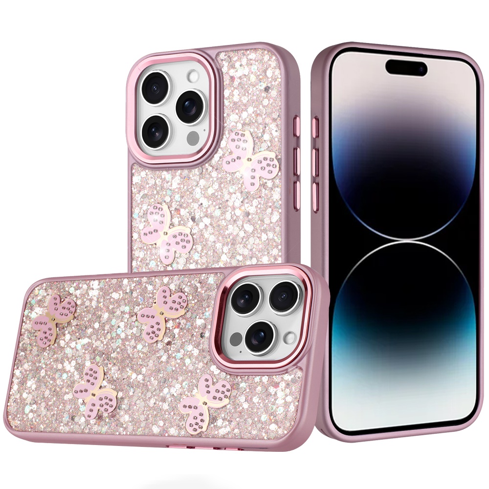 for iphone 14 pro max 6.7" cute butterfly ornaments diamonds shimmer matching metallic hq hybrid pink