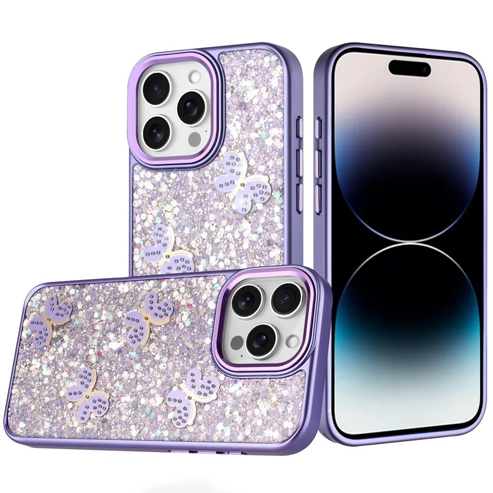 for iphone 14 pro max 6.7" cute butterfly ornaments diamonds shimmer matching metallic hq hybrid dark purple