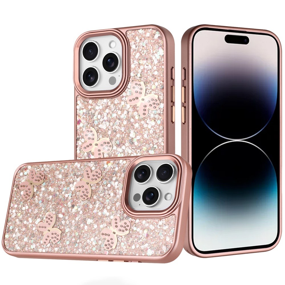 for iphone 14 pro max 6.7" cute butterfly ornaments diamonds shimmer matching metallic hq hybrid rose gold