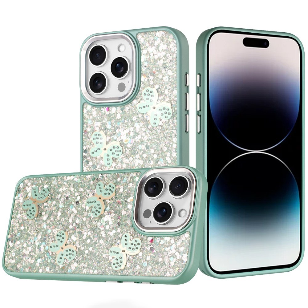 for iphone 14 pro max 6.7" cute butterfly ornaments diamonds shimmer matching metallic hq hybrid teal