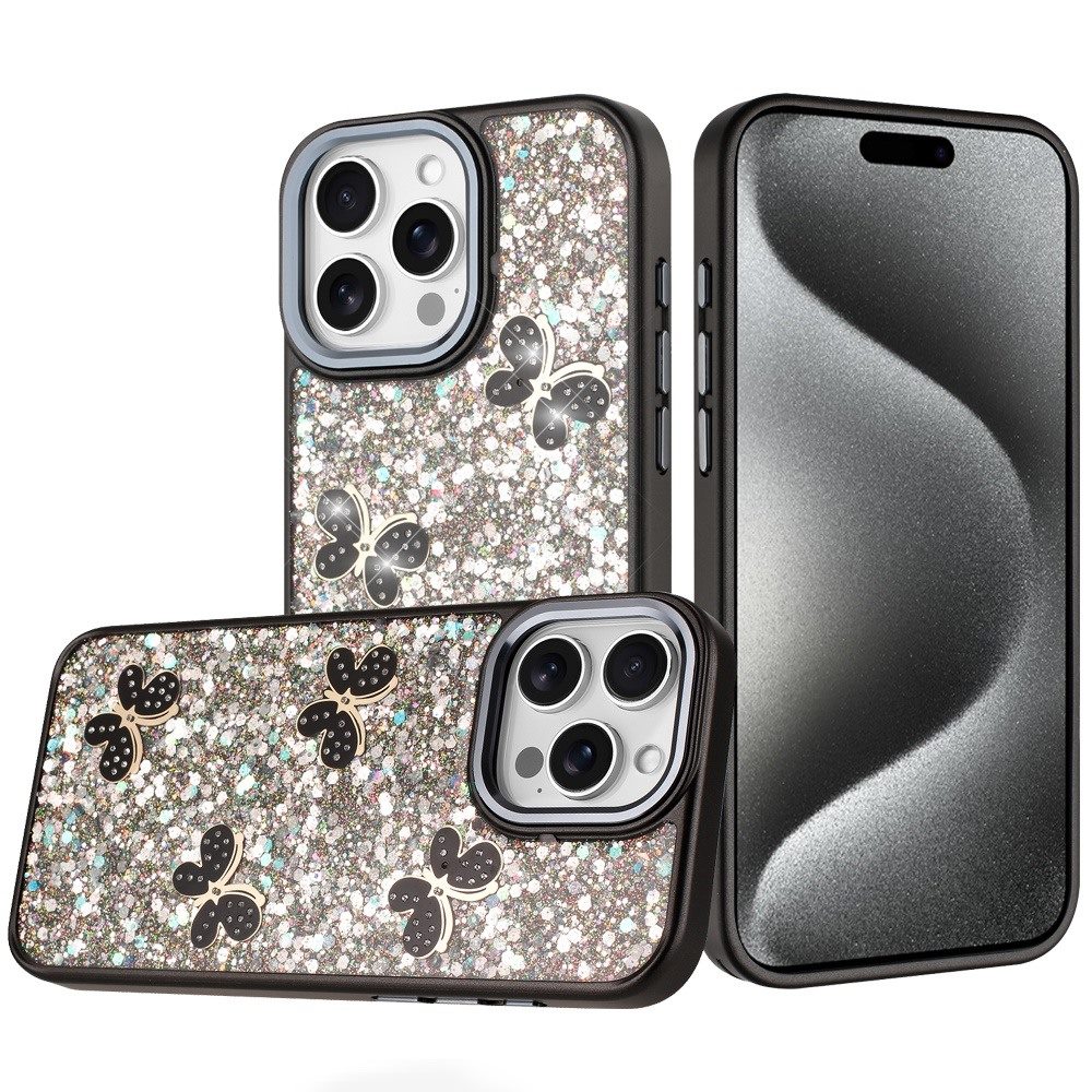 for ip15 pro max cute butterfly ornaments diamonds shimmer matching metallic hq hybrid black