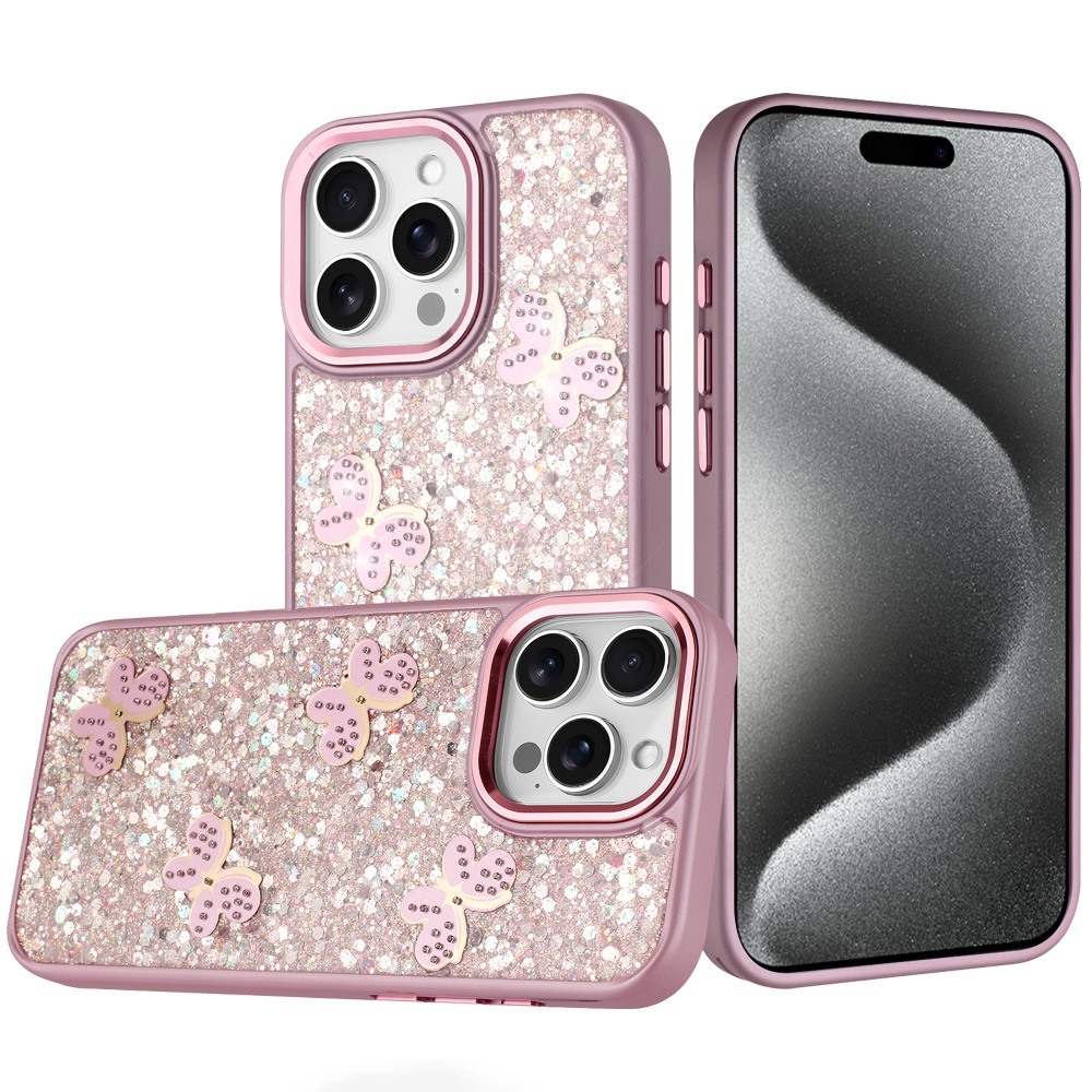 for ip15 pro max cute butterfly ornaments diamonds shimmer matching metallic hq hybrid pink