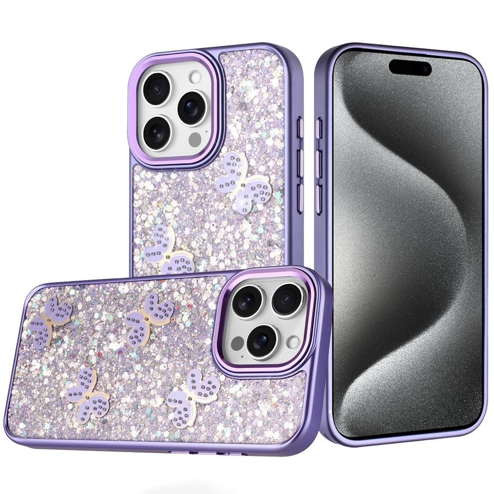 for ip15 pro max cute butterfly ornaments diamonds shimmer matching metallic hq hybrid dark purple
