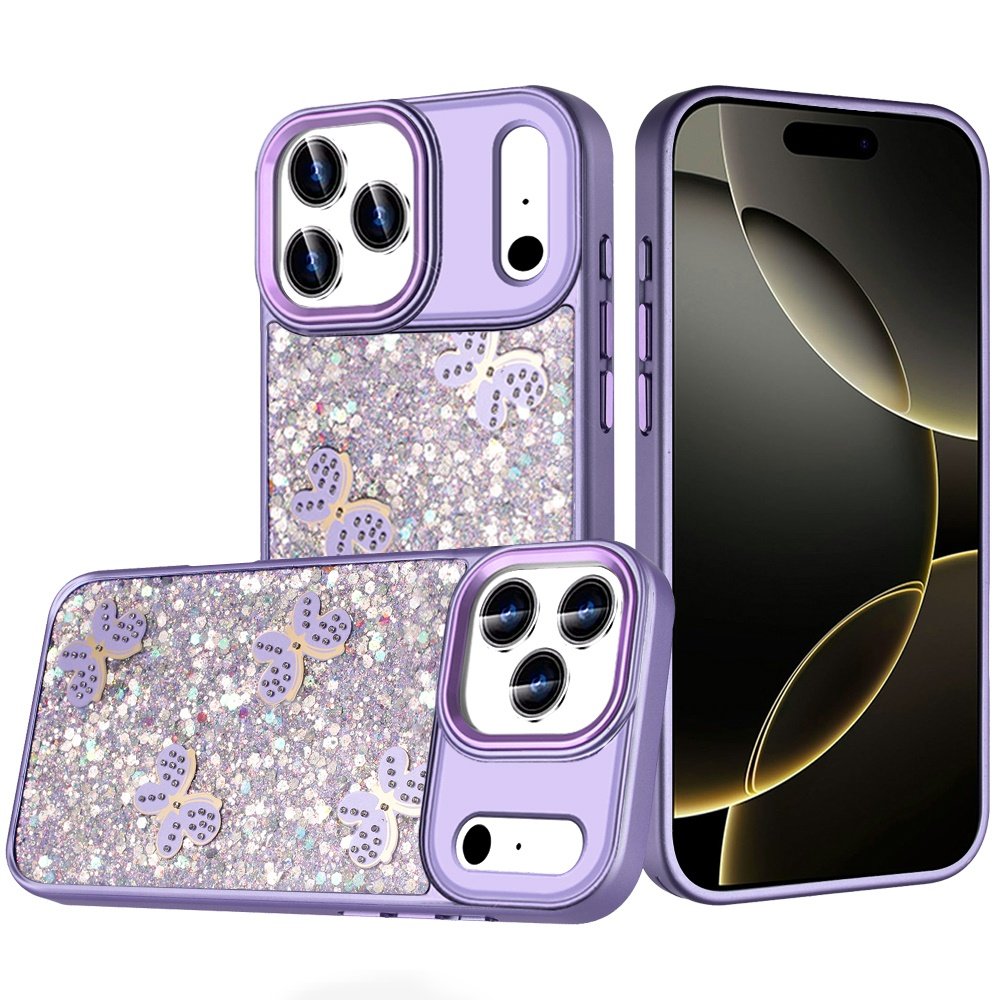 for iphone 17 pro cute butterfly ornaments diamonds shimmer matching metallic hq hybrid dark purple