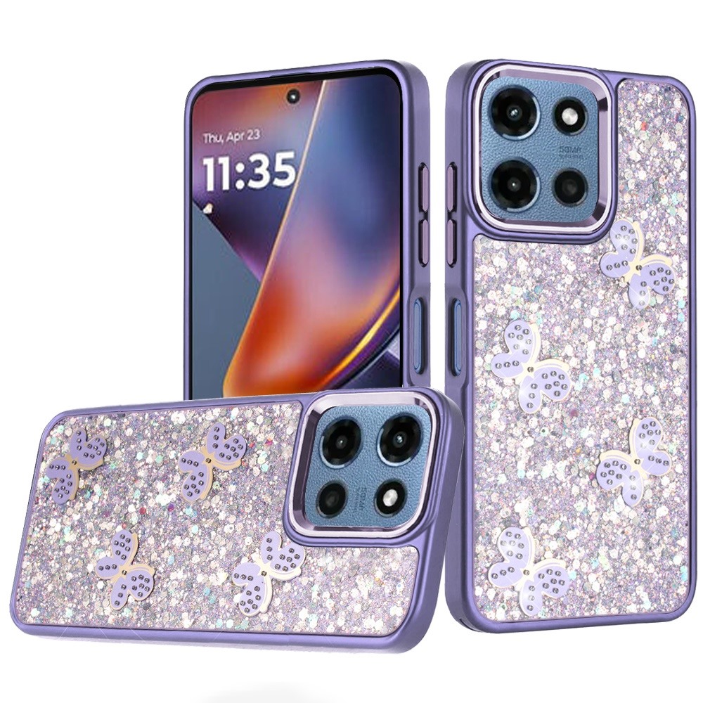 for moto g 5g 2025/2026 g play 2026 cute butterfly ornaments diamonds shimmer matching metallic hq hybrid dark purple