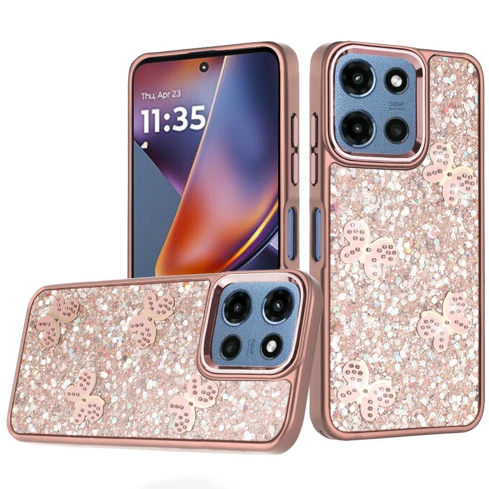 for moto g 5g 2025/2026 g play 2026 cute butterfly ornaments diamonds shimmer matching metallic hq hybrid rose gold