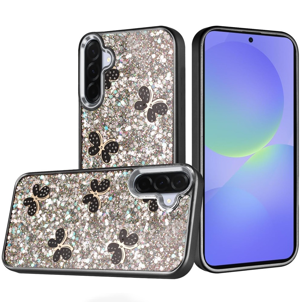 for samsung galaxy a36 / a56 cute butterfly ornaments diamonds shimmer matching metallic hq hybrid black