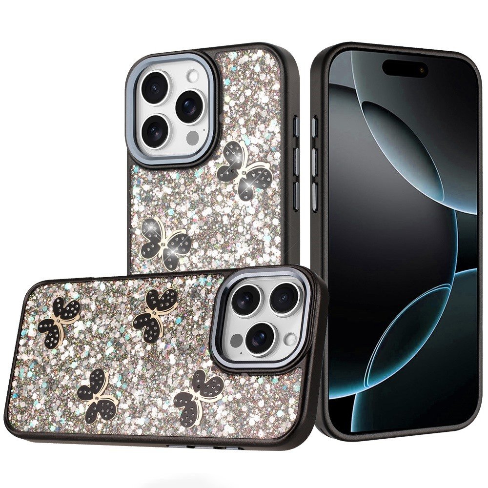 for iphone 16 pro max 6.9 cute butterfly ornaments diamonds shimmer matching metallic hq hybrid black