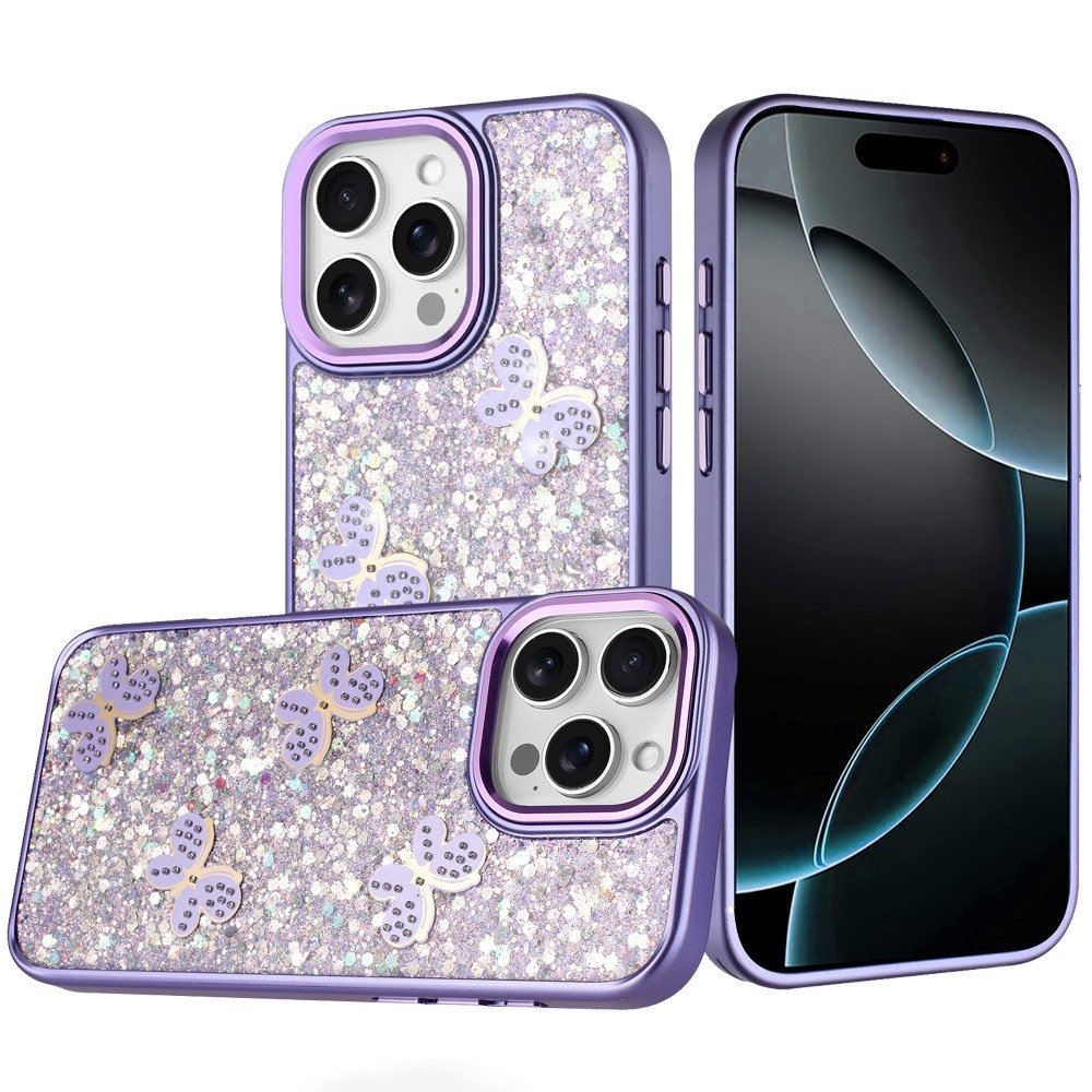 for iphone 16 pro max 6.9 cute butterfly ornaments diamonds shimmer matching metallic hq hybrid dark purple