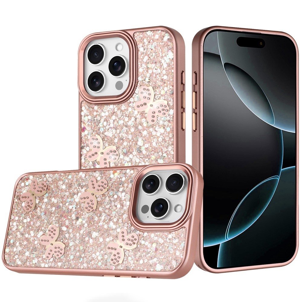 for iphone 16 pro max 6.9 cute butterfly ornaments diamonds shimmer matching metallic hq hybrid rose gold