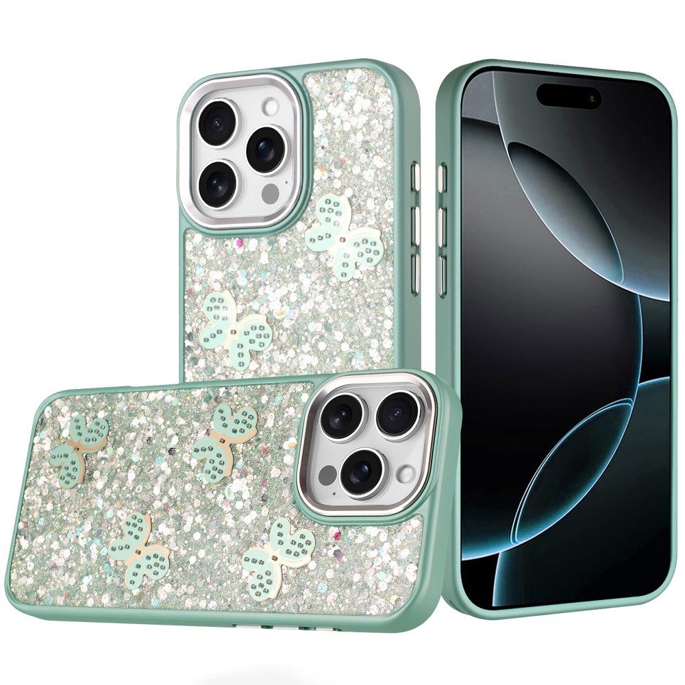 for iphone 16 pro max 6.9 cute butterfly ornaments diamonds shimmer matching metallic hq hybrid teal
