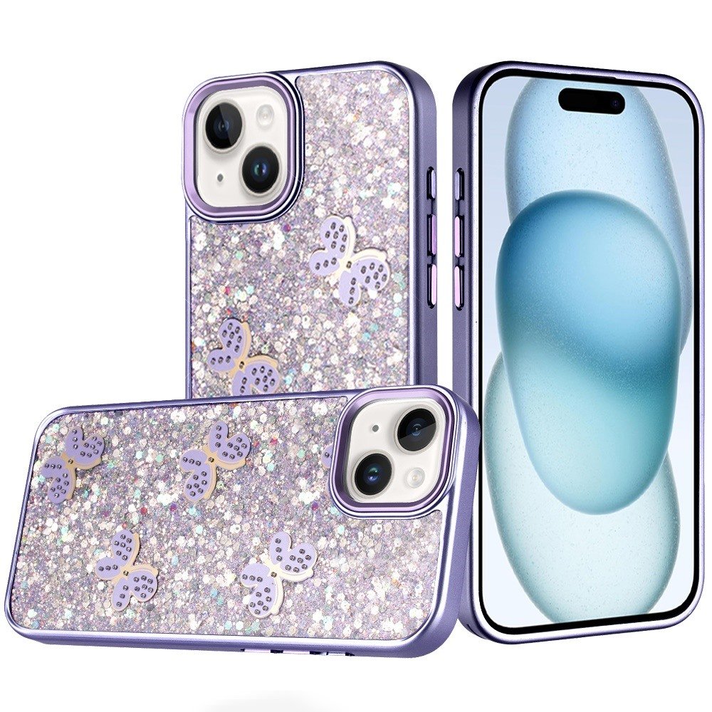 for iphone 15 plus/iphone 14 plus cute butterfly ornaments diamonds shimmer matching metallic hq hybrid dark purple