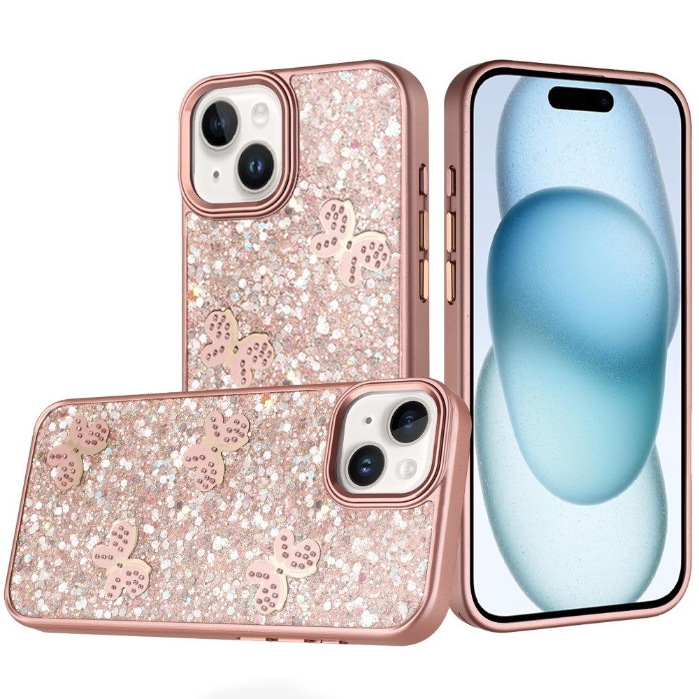 for iphone 15 plus/iphone 14 plus cute butterfly ornaments diamonds shimmer matching metallic hq hybrid rose gold