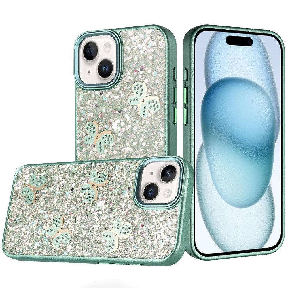 for iphone 15 plus/iphone 14 plus cute butterfly ornaments diamonds shimmer matching metallic hq hybrid teal