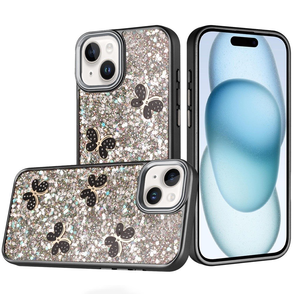 for iphone 15 cute butterfly ornaments diamonds shimmer matching metallic hq hybrid black