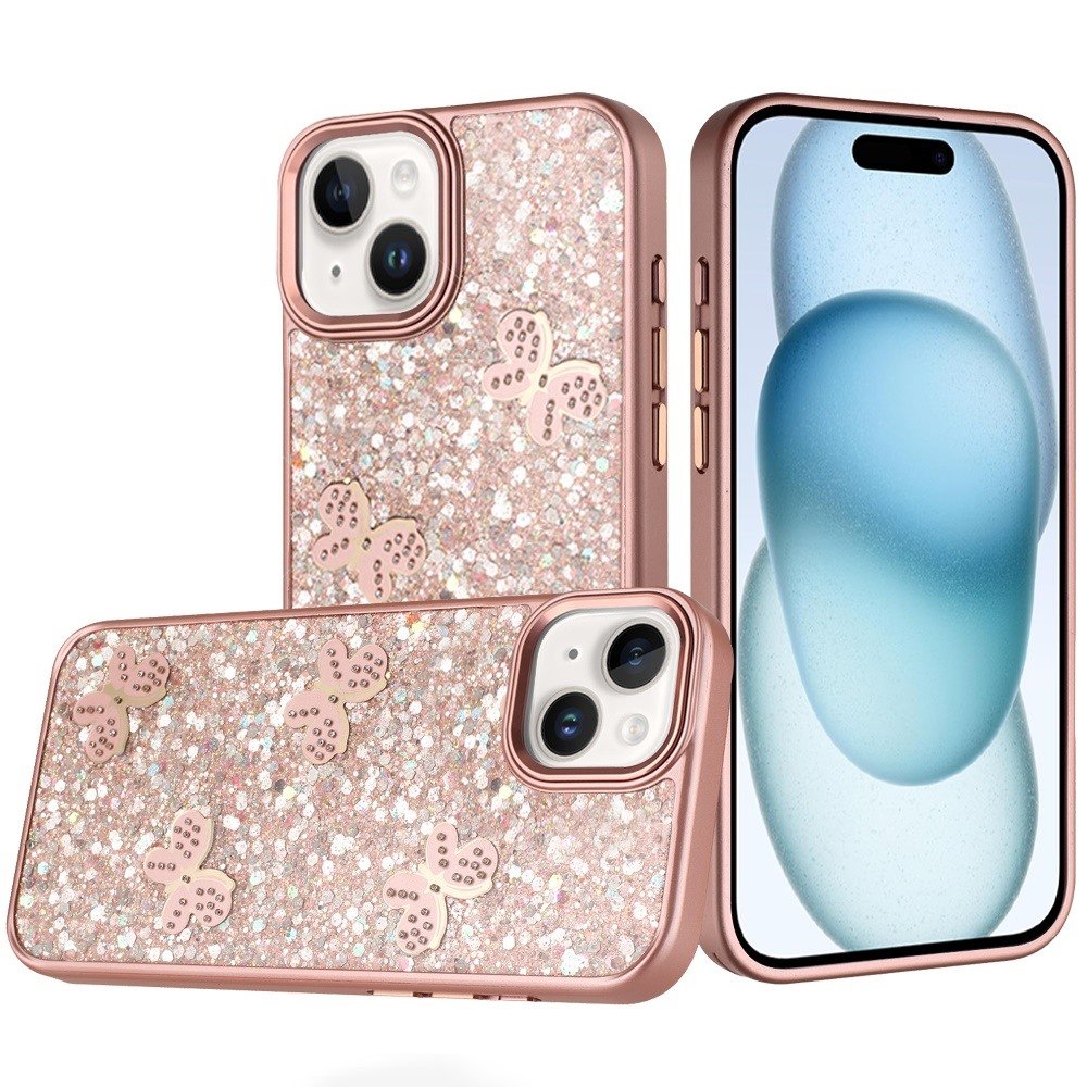 for iphone 15 cute butterfly ornaments diamonds shimmer matching metallic hq hybrid rose gold