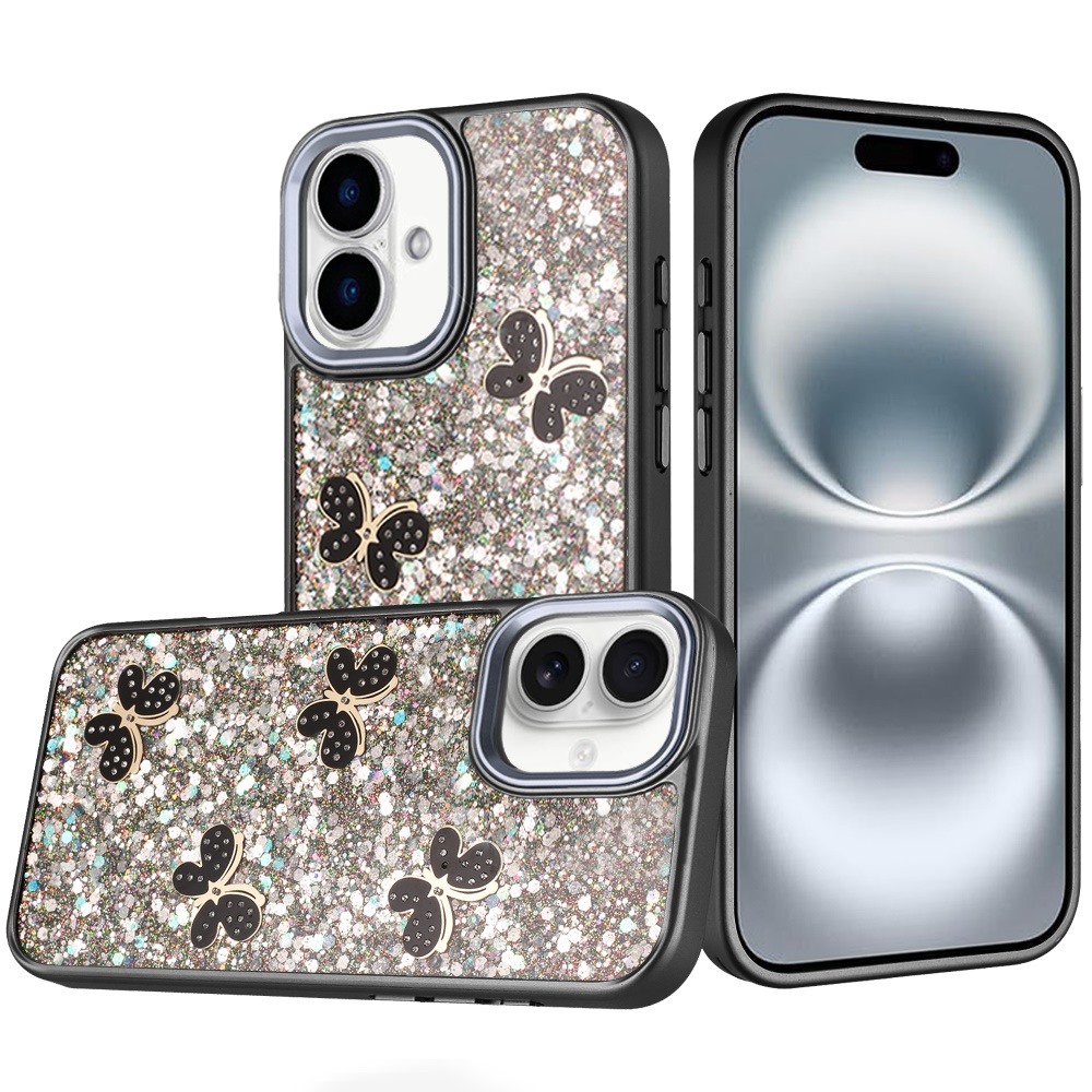 for iphone 16 6.1 inch cute butterfly ornaments diamonds shimmer matching metallic hq hybrid black