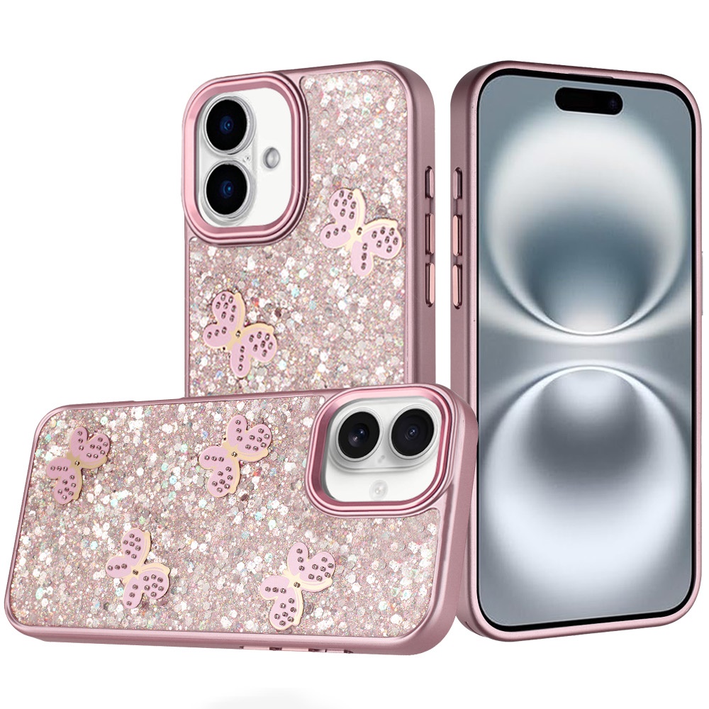 for iphone 16 6.1 inch cute butterfly ornaments diamonds shimmer matching metallic hq hybrid pink