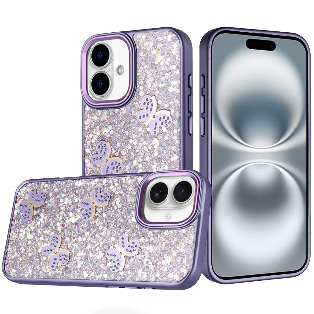 for iphone 16 6.1 inch cute butterfly ornaments diamonds shimmer matching metallic hq hybrid dark purple