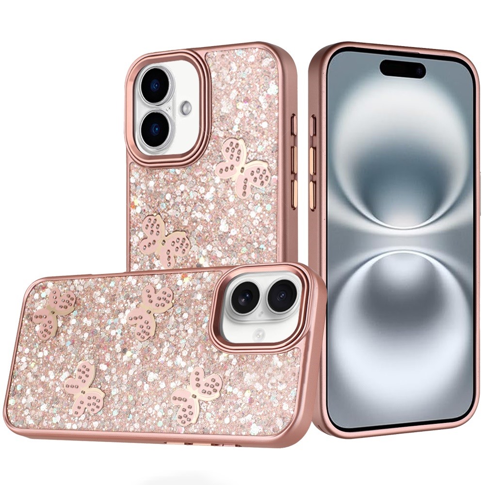 for iphone 16 6.1 inch cute butterfly ornaments diamonds shimmer matching metallic hq hybrid rose gold