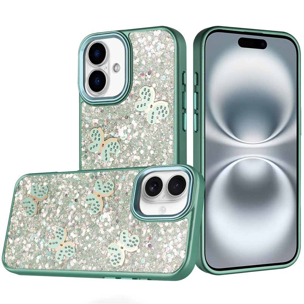 for iphone 16 6.1 inch cute butterfly ornaments diamonds shimmer matching metallic hq hybrid teal