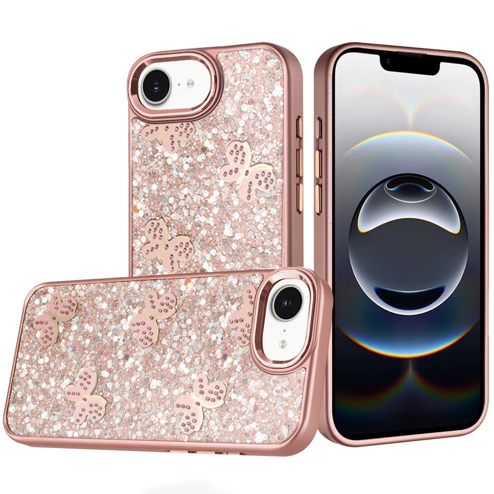for iphone 17e / 16e / se4 cute butterfly ornaments diamonds shimmer matching metallic hq hybrid rose gold
