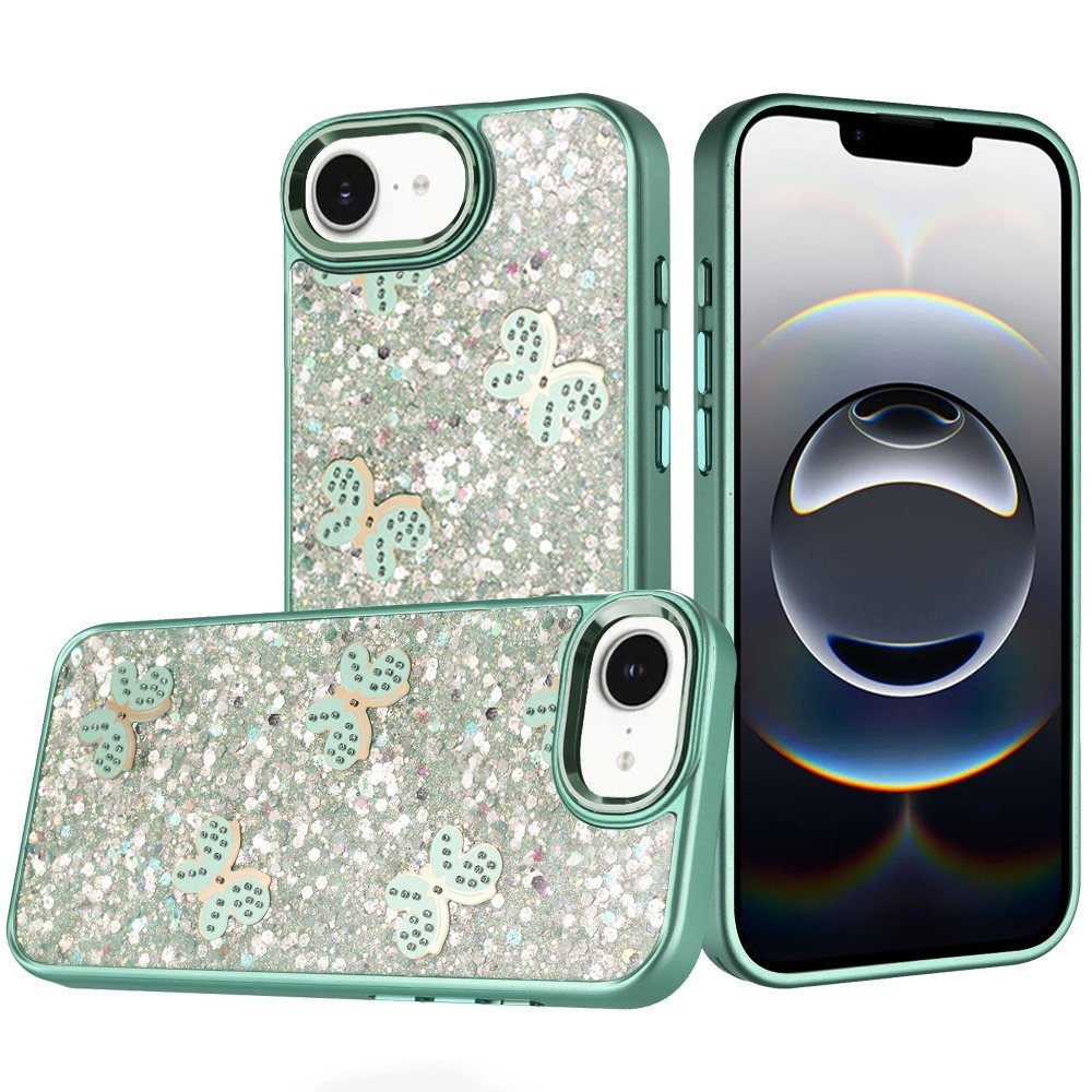 for iphone 17e / 16e / se4 cute butterfly ornaments diamonds shimmer matching metallic hq hybrid teal
