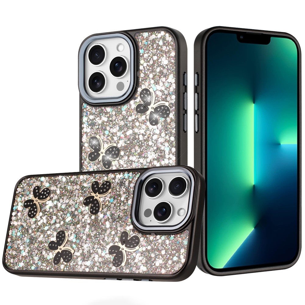 for iphone 13 pro max cute butterfly ornaments diamonds shimmer matching metallic hq hybrid black