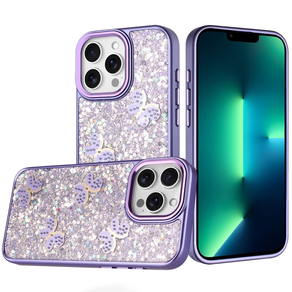 for iphone 13 pro max cute butterfly ornaments diamonds shimmer matching metallic hq hybrid dark purple
