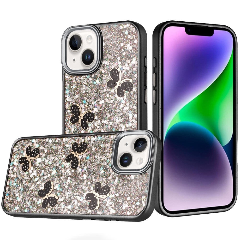 for iphone 13/14 cute butterfly ornaments diamonds shimmer matching metallic hq hybrid black