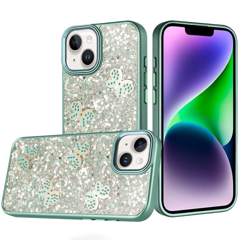 for iphone 13/14 cute butterfly ornaments diamonds shimmer matching metallic hq hybrid teal