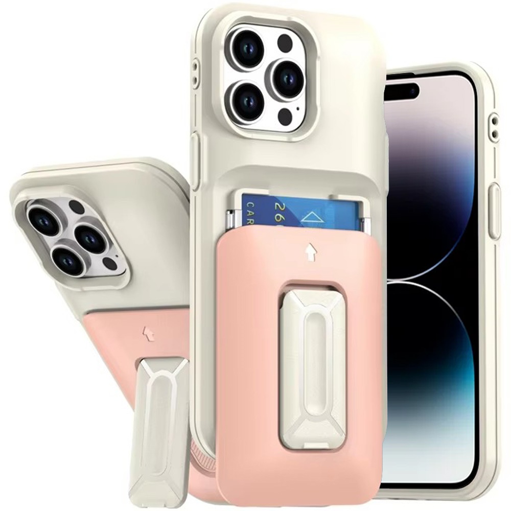 for iphone 14 pro max 6.7" card holder (2x) with wrist strap hybrid with kickstand beige+light pink
