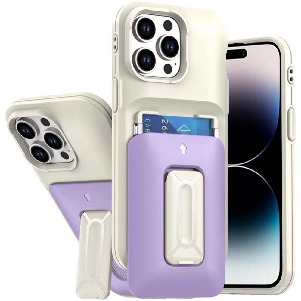 for iphone 14 pro max 6.7" card holder (2x) with wrist strap hybrid with kickstand beige+light purple