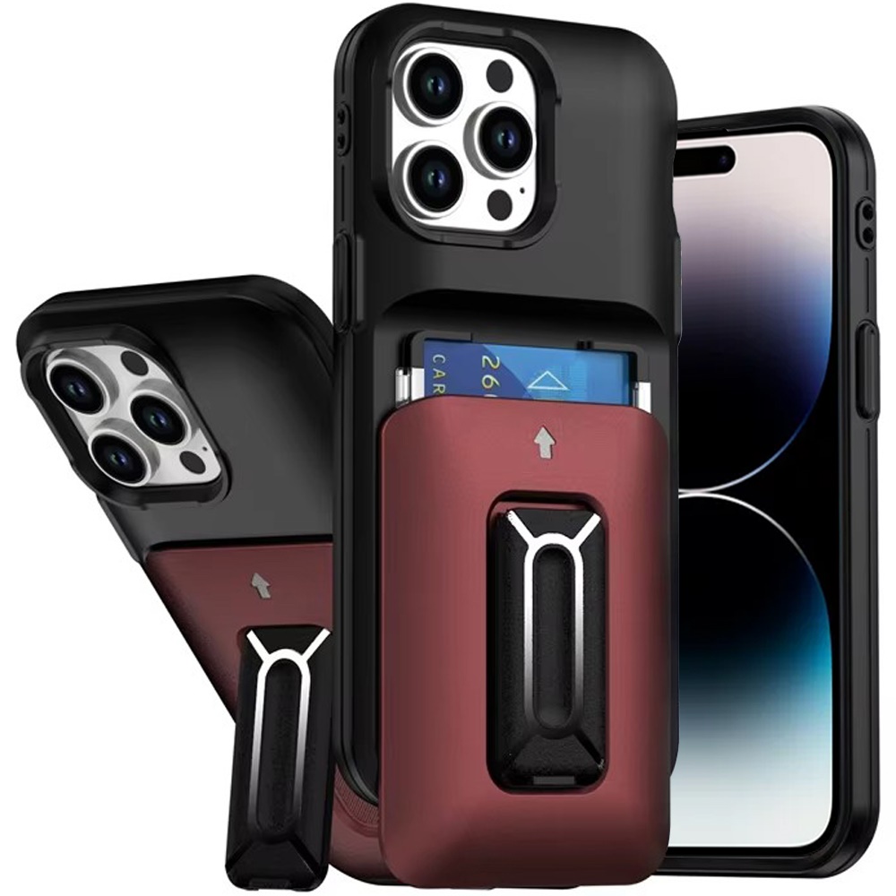 for iphone 14 pro max 6.7" card holder (2x) with wrist strap hybrid with kickstand black+red