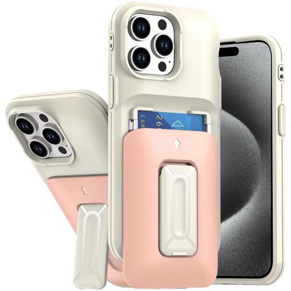 for ip15 pro max card holder (2x) with wrist strap hybrid with kickstand beige+light pink