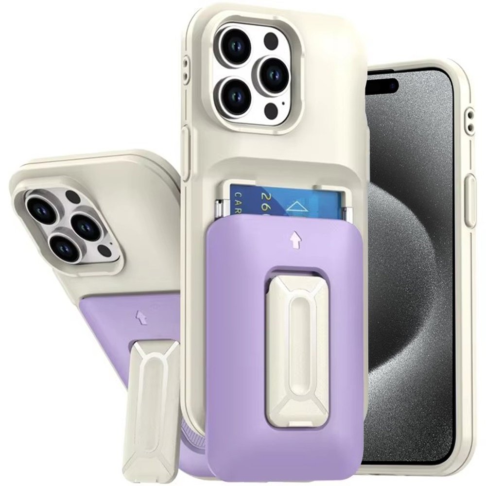 for ip15 pro max card holder (2x) with wrist strap hybrid with kickstand beige+light purple