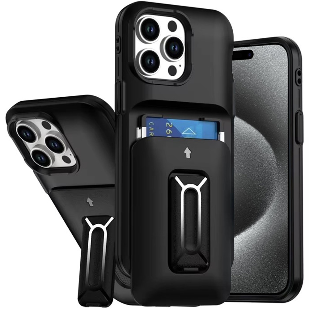for ip15 pro max card holder (2x) with wrist strap hybrid with kickstand black+black