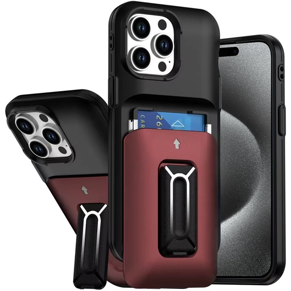 for ip15 pro max card holder (2x) with wrist strap hybrid with kickstand black+red