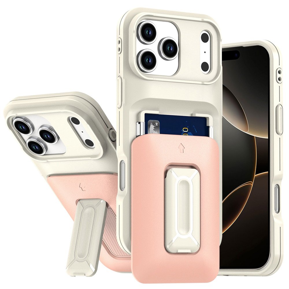 for iphone 17 pro max card holder (2x) with wrist strap hybrid with kickstand beige+light pink