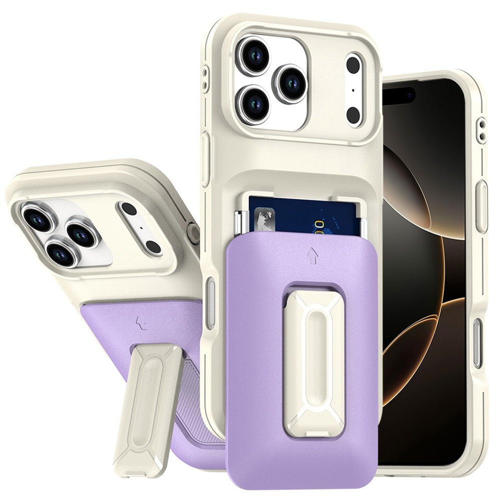 for iphone 17 pro max card holder (2x) with wrist strap hybrid with kickstand beige+light purple