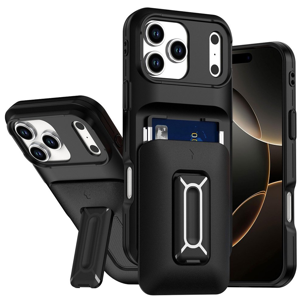 for iphone 17 pro max card holder (2x) with wrist strap hybrid with kickstand black+black