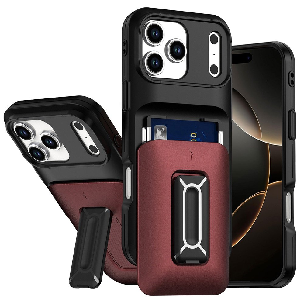for iphone 17 pro card holder (2x) with wrist strap hybrid with kickstand black+red