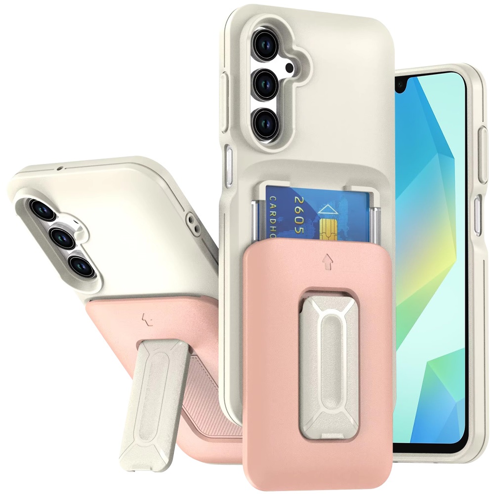 for samsung a16 5g card holder (2x) with wrist strap hybrid with kickstand beige+light pink