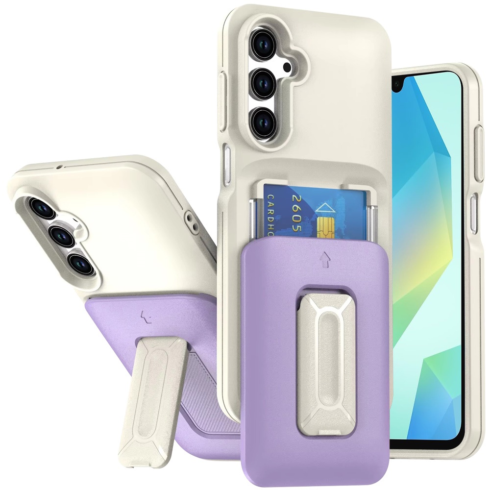 for samsung a16 5g card holder (2x) with wrist strap hybrid with kickstand beige+light purple