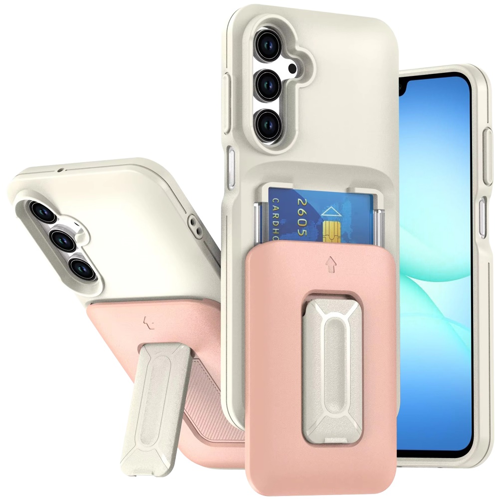 for samsung a17 5g card holder (2x) with wrist strap hybrid with kickstand beige+light pink