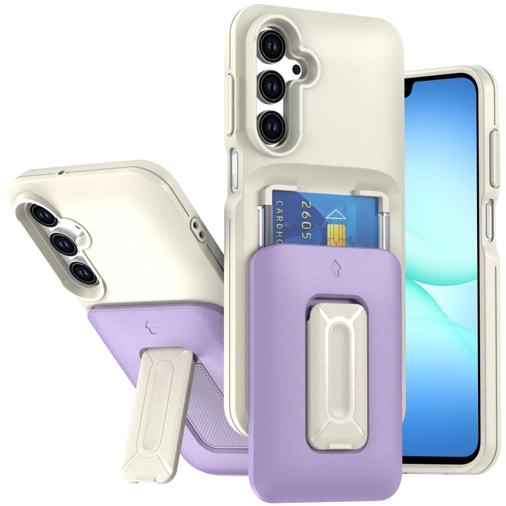 for samsung a17 5g card holder (2x) with wrist strap hybrid with kickstand beige+light purple