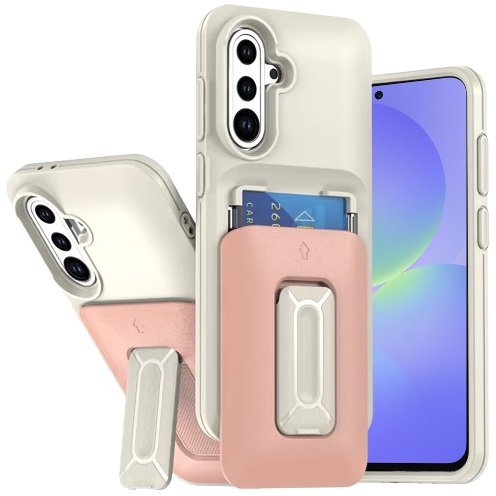 for samsung galaxy a36 / a56 card holder (2x) with wrist strap hybrid with kickstand beige+light pink