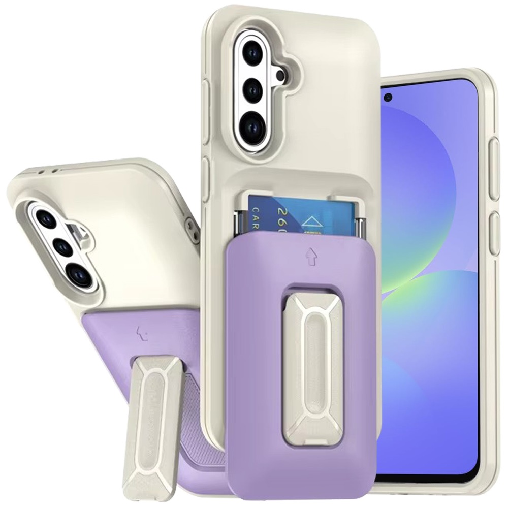 for samsung galaxy a36 / a56 card holder (2x) with wrist strap hybrid with kickstand beige+light purple