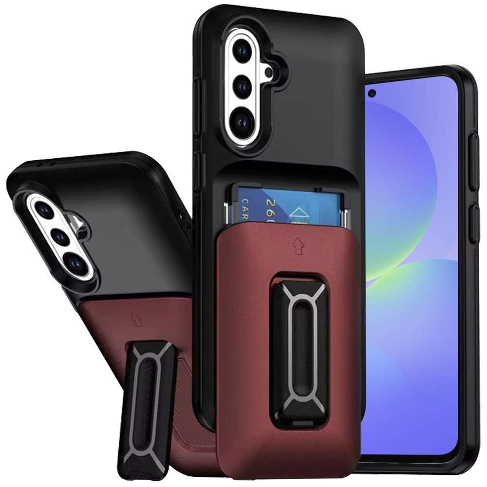 for samsung galaxy a36 / a56 card holder (2x) with wrist strap hybrid with kickstand black+red