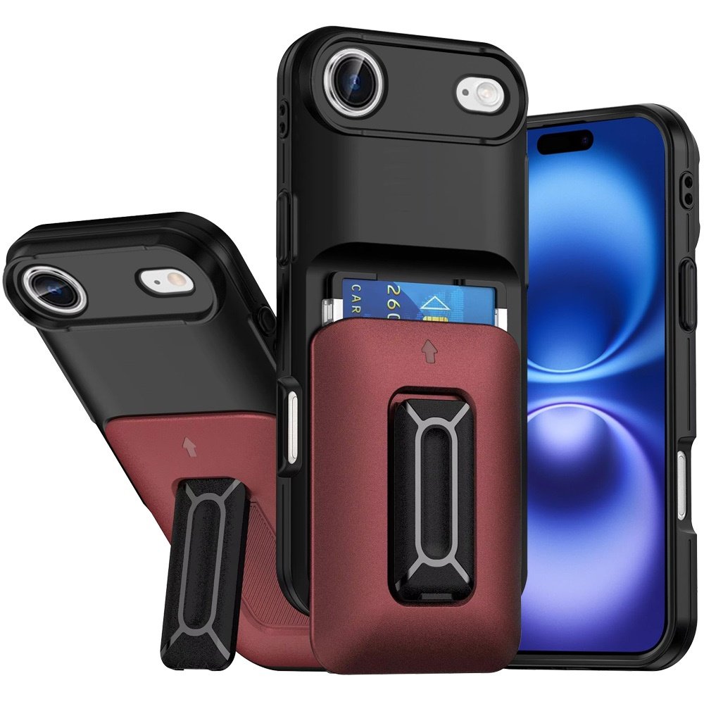 for iphone 17 air card holder (2x) with wrist strap hybrid with kickstand black+red